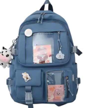 Mochila Feminina Kawai Escolar Passeio Coreana, Grande Capacidade, Impermeável (Azul)
