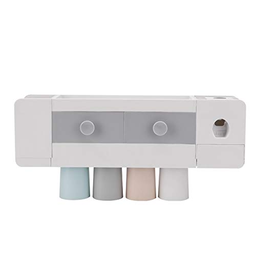 Edlike ShiYuan Toothbrush Holder Wall Mount Adhesive Automatic Toothpaste Dispenser Space Saving Toothbrush Organizer with Dust Cover, Cup and Drawer Cosmetic Organizer 4 Cups (No Drilling Required)