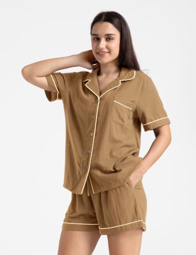 Image of Womens Muslin Pajama Sets 100% Cotton Double Gauze Linen Like Short Pjs | Breathable Soft Comfort Button Up Loungewear Sleepwear PJ Set