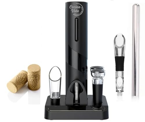 Cocina Vida 8 Piece Electric Wine Bottle Opener Set Includes Foil Cutter, 2 Aerators, Bonus Chill Stick & 2 Vacuum Stoppers and Storage Base - Perfect Wine Lovers Gift- Wine Accessories