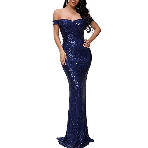 Lin Lin Q Women's Maxi Formal Off Shoulder Sequin Dress, Backless Sleeveless Slim fit Mermaid Evening Party Gowns Blue