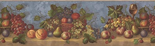 Concord Wallcoverings ™ Wallpaper Border Fruits Grapes Peaches Plums Pears In Baskets Wine, Colors Red Orange Green Beige Blue, 7 Inch By 15 Ft Wp30503 #TOP1