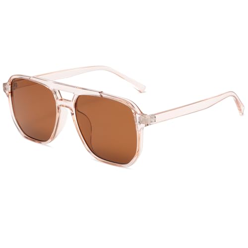 Long Keeper Retro Pilot Sonnenbrille Pilotenbrille Herren Damen Vintage 70er Piloten Sonnenbrille Doppelsteg Quadrat Klassisch Vintage Pilot Brille UV400 (Klares Rosa Rahmen – Braun Gläser)