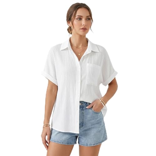 La Mejor Recopilación de Blusas y camisas para Mujer - los preferidos. 50 FADFUSIN Camisa de Manga Corta para Mujer, Camisa de Mujer, Tops del Botón de Bolsillo Blusa de Mujeres, Camisas para Mujer, para Trabajo, Oficina (MX/US, Alfa, X-Grande, Regular,...