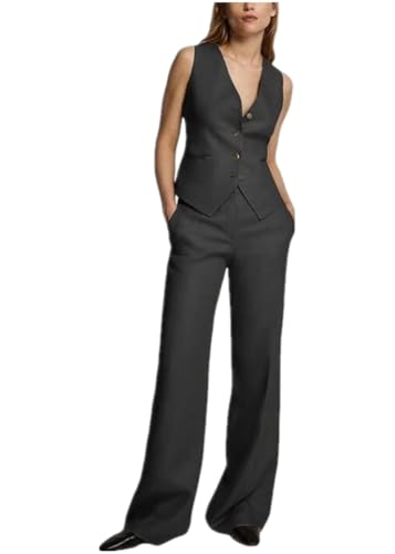 Summer Womens Linen Suit 2 Piece Outfits Vest and Wide Pants Set