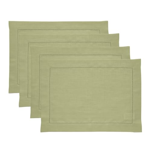 Solino Home 100% Pure Linen Hemstitch Placemats - Moss Green Set of 4, 14 x 19 Inch Placemats, European Flax Natural Fabric Machine Washable Classic Hemstitch - Handcrafted with Mitered Corners