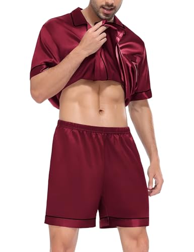 Image of SWOMOG Satin Matching Pajamas Sets Couple Silk Button Down Nightwear Women & Men Short Sleeve Sleepwear 2 Pieces Loungewear