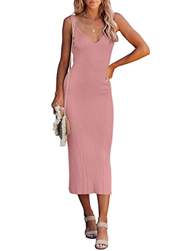 MEROKEETY Womens 2025 Summer V Neck Knit Midi Dress Bodycon Casual Sleeveless Ribbed Party Sweater Dresses,Pink,S