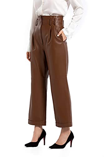Women’s Casual High Waisted Cropped Straight Leather Pant