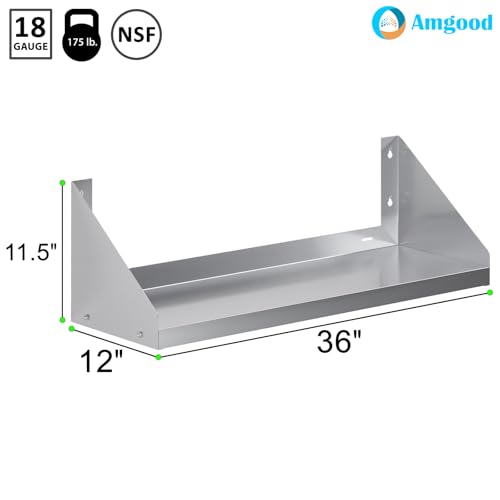 Image of AmGood Stainless Steel Wall Shelf with Side Guards (36 inch Long x 12 inch Deep)