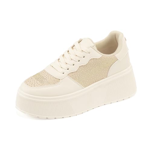 JOMIX Damen Sneakers Glitzer Strass Freizeitschuhe Mode Plattform Sportschuhe Hochzeit Party Schuhe (WSC250122, Beige, 37 EU)