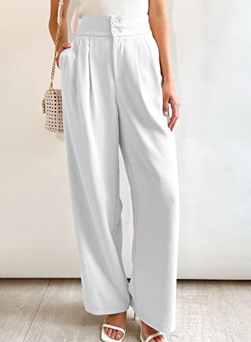 Evaless Elastic High Waisted Wide Leg Palazzo Pants For Women Petite Formal Lightweight Loose Pants For Work Long Trousers Pants With Pockets White Small #TOP3