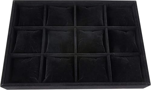 KOMUNJ Plateau pour montres à 12 emplacements - Plateau en velours - Plateau d'exposition - Boîte à bijoux empilable - Noir
