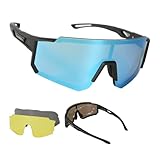 CHAESOW Cycling Glasses Polarized, 3 Interchangeable Lenses, UV Cycling Sunglasses Mens Womens, Base