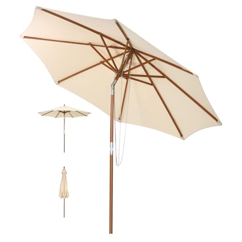 GOPLUS Sombrilla de jardín de Madera, Parasol Terraza Exterior con 8 Varillas, Protección UV, Ventilación, Sombrilla de Balcón para Patio, Piscina,Playa, Base no Incluida (Beige con Inclinación, 2.7M)