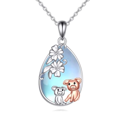 Moonstone Necklace 925 Sterling Silver Red Cardinal/Hummingbird/Pig/Frog/Rose/Daisy Pendant Jewelry Gift for Women