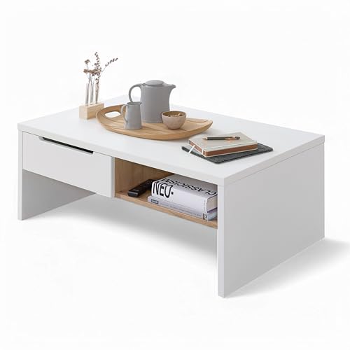 Stella Trading Memphis Couchtisch in Weiß, Artisan Eiche Optik - Moderner Sofatisch mit Schubladen & Ablage für Ihren Wohnbereich - 110 x 40 x 65 cm (B/H/T)