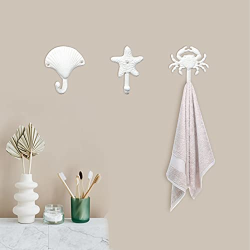 TOPBATHY Starfish Seashell Crab Decorative Wall Hooks, 3PCS Beachy Themed Cast Iron Coat Hook, Nautical Metal Wall Mounted Hanger for Towel Robe Scarf Key Bag Cap - Image 2