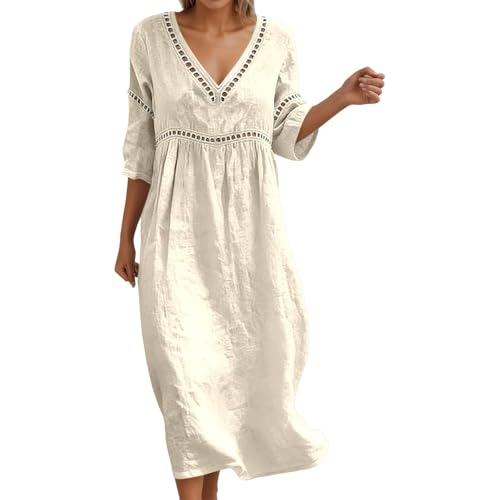 RUIRUILICO Strandkleid Damen V Ausschnitt 3/4 äRmel Leinenkleider Leicht Und Luftig Vintage Maxikleid Elegant Sommerkleider Einfarbig Urlaub Freizeitkleid Damenkleide