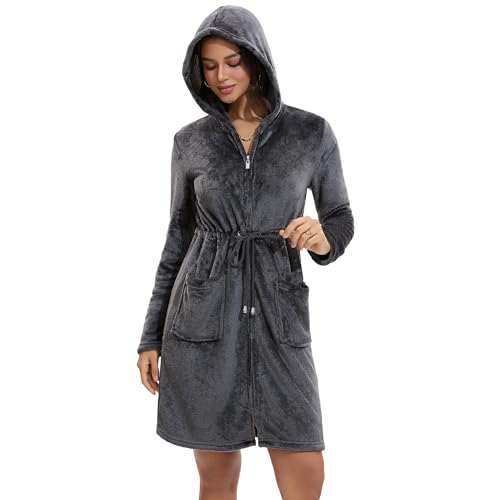 Mnamo Damen Fleece Bademantel mit Kapuze und Reißverschluss Kuschelig weiches Hausmantel mit Patch Pockets Dunkelgrau L