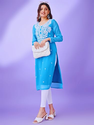 Image of HESVI Women's Georgette White Lakhnavi Chikankari Kurti with Intricate Embroidery Work
