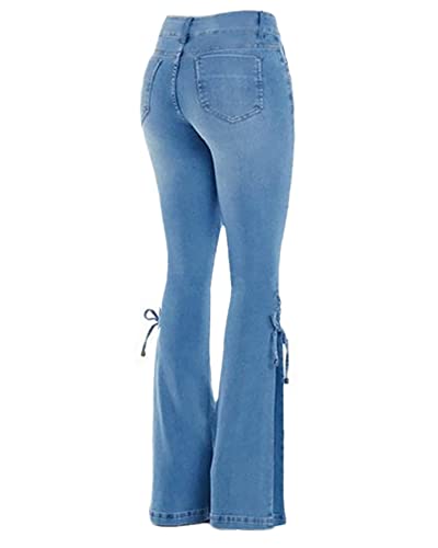 Women's Lace-Up High Waisted Bell Bottom Jeans Stretchy Slim Fit Flare Wide Leg Denim Pants Trousers2