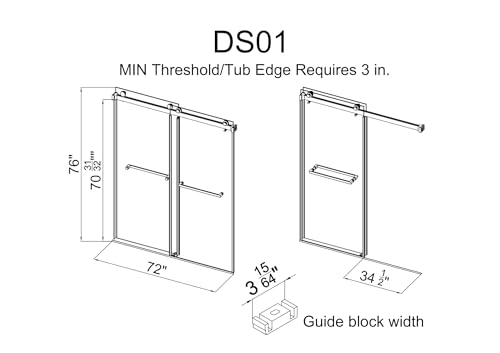 Shower Door, 67-72" W x 76" H, SGCC-Certified 3/8" (10mm) Clear Tempered Glass, Frameless Double Sliding Shower Door, Stainless Steel Brushed Gold Finish