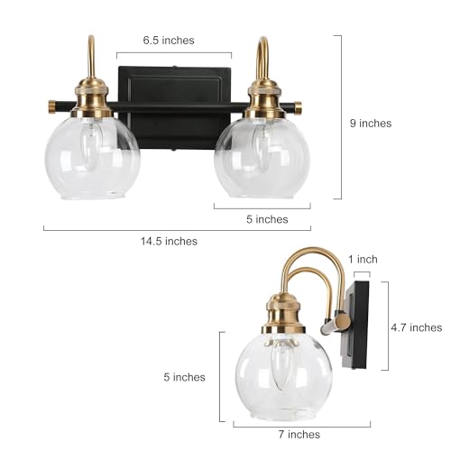 Image of KSANA Black Gold Vanity Light, Modern 2-Light Bathroom Light Fixture with Clear Glass Globes, Electroplating Brass 14.5 inchL Vanity Lighting Over Mirror