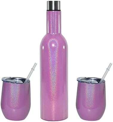 AGH Insulated Wine Bottle and Tumbler Set, Glitter Stainless Steel 25 OZ Bottle and 2 12 OZ Stemless Wine Tumbler Glasses with Lid and Straw, Double Wall Wine Chiller for Champagne Cocktail