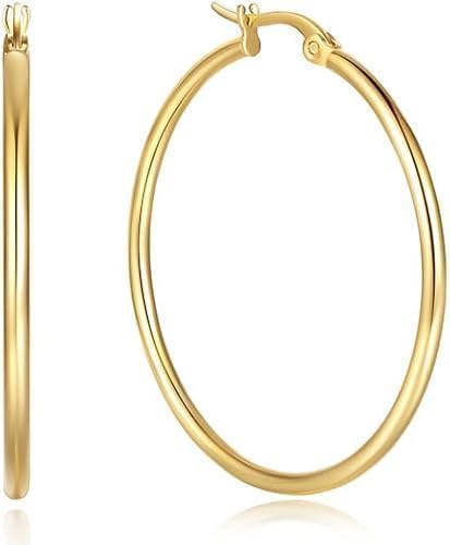 14K gold plated Plated Hoop Earrings for Women gold plated Plated Earrings Classic Shiny Polished Round Hoop Earrings for Everyday Essential