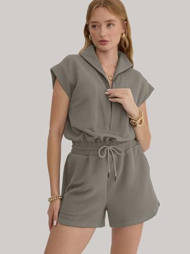 Image of Rompers for Women Summer Short Sleeve Half Zip Lapel Collar Jumpsuit Casual Drawstring One Piece Outfits with Pockets