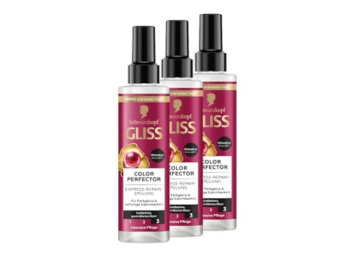 Gliss Express - Acondicionador Colour Perfector (3 x 200 ml), acondicionador para cabellos teñidos, con mechas o teñidos, protección térmica hasta 230 °C