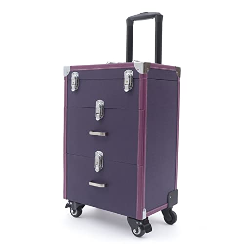 DONSU 3-Tier Rolling Makeup Train Case Large Storage Cosmetic Trolley, Salon Nail Polish Storage Box Jewelry Organizer Cosmetics Traveling Cart Trunk (Purple)