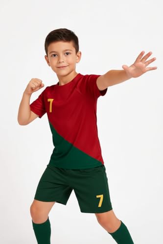 Image of Sports Soccer Football Portugal Jersey Ronaldo 7 Home Away Kit Jersey T-Shirt with Black Shorts(Kid's,Boy's & Men) M2