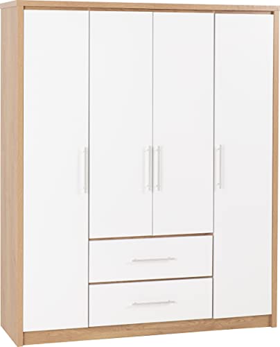 Seconique Seville 4 Door 2 Drawer Wardrobe in White Gloss/Light Oak Effect Veneer