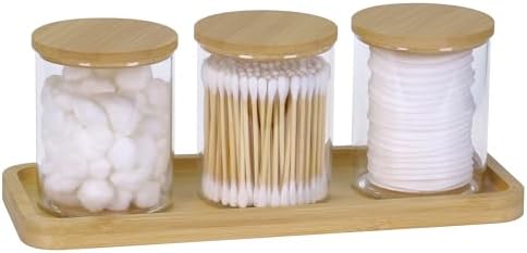 INIUNIK Qtip Holder with Vanity Tray, 3 Pack Glass Apothecary Jar...