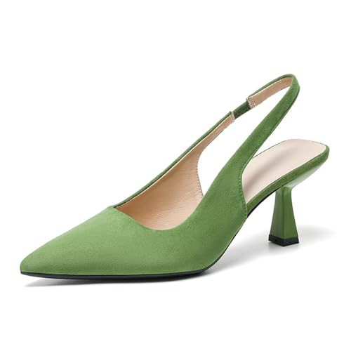 Women's Suede Pointed Toe Closed-Toe Slingback Pumps Fashionable One-Foot Elastic Strap Kitten Heel Muller High Heels Wedding Work Dress Shoes