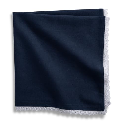 Image of FINGERCRAFT Lace Trim Cloth Napkins Set of 6, 20x20 Inch Cotton Linen Blend Dinner Napkins, Reusable Washable Table Napkins for Wedding, Farmhouse Dining, Parties & Home Decor (Navy)