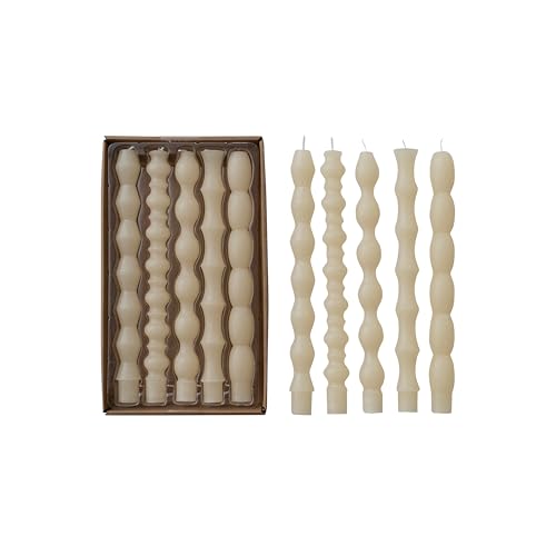 Creative Co-Op 5-Piece Sculptural Undulating Unscented Taper Candles, Cream Color