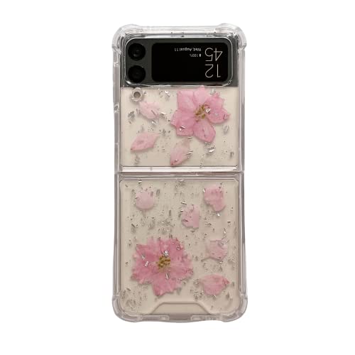 Peachy Life Compatible for Samsung Galaxy Z Flip 4 Case, Women Girls Glitter Pressed Dried Flower Style Soft TPU Protective Clear Case (Pink Flowers)