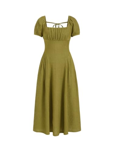 CIDER Square Neck Midi Dresses Puff Short Sleeves Tie Back Regency Vintage Maxi Dresses Smocked Waist Party Gown
