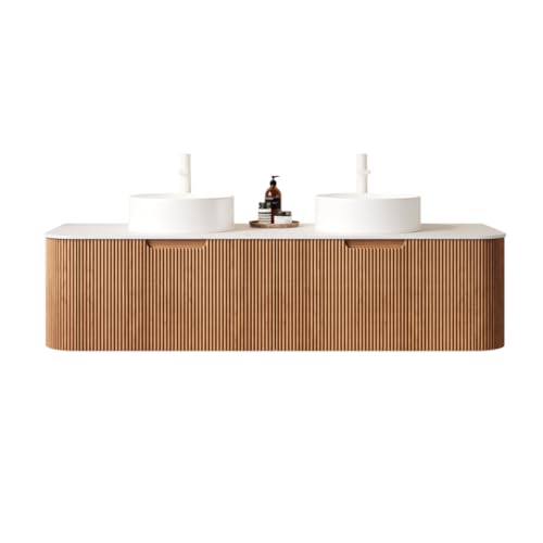 Image of KEIKI 60 inch Wall-Mounted Floating Vanity, Modern Bathroom Vanity with Sinks and 3D Striped Drawer Fronts, 2 White Ceramic Vessel Basins, Pre-Assembled Storage Cabinet for Bathroom, Natural Wood