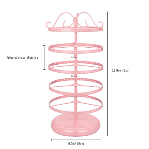 LASZOLA 5 Tiers 360° Rotating Earring Holder Organizer, 220 Holes Metal Necklace Bracelet Jewelry Display Rack Stand Tower - 14x6.3 Inch (Pink) - Image 4