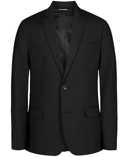 Image of Tommy Hilfiger Bi-Stretch Alexander Blazer, Single Breasted with Pocket Square, Solid Color with Flag Print Lining, Black Sharkskin, 10