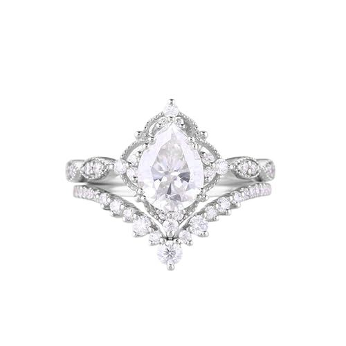 1.5 ct Pear Shaped Moissanite Engagement Rings For Women Vintage 2 pcs Art Deco Bridal Sets Wedding Rings S925 10K 14K 18K White Yellow Rose Gold Teardrop Wedding Ring Set For Her