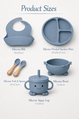 Image of SJC Global - 6 PCS (Blue) Silicone Toddler Adjustable Tableware Set | Suction Bowl, Plate, Spoon, Fork, Bib & Cup for Babies | Silicone Baby Feeding Kit for Infants | BPA Free Food Grade