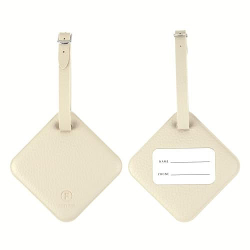 FENICE Vegan PU Leather Classic Name Tag with Belt Buckle Strap Closure for Suitcase Luggage Tavel Bag (Ivory)