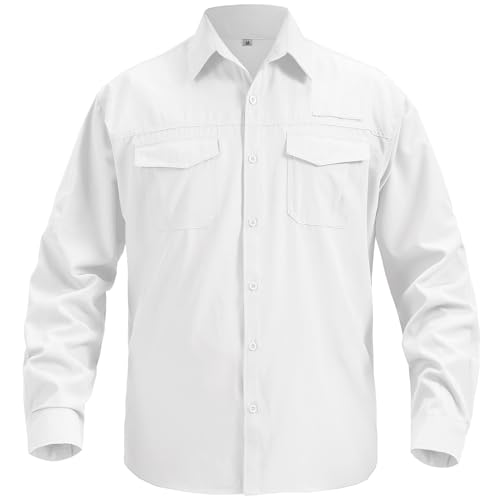 Mens Safari Sun Shirts UPF 50+ UV Sun Protection Long Sleeve Outdoor Quick Dry Fishing Hiking Gardening Shirts (5051 White XXL