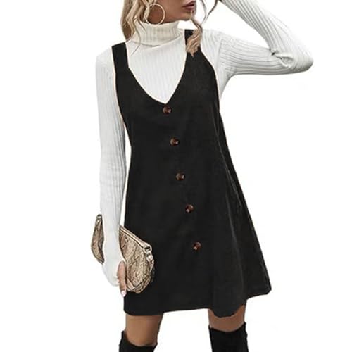 Clacce Damen Latzrock V-Ausschnitt Cord Latzkleid Overallkleid Freizeitkleider Corduroy Mini Dress (Black, M)