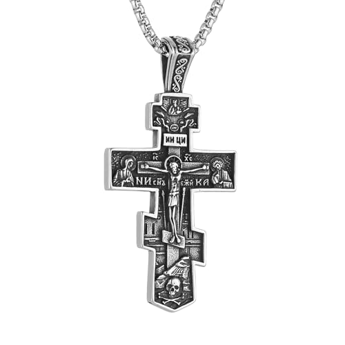 HZMAN Eastern Orthodox Cross Necklace for Men Women Retro Religious Jesus Crucifix Byzantine Cross Christian Pendant Jewelry Gift (Silver)